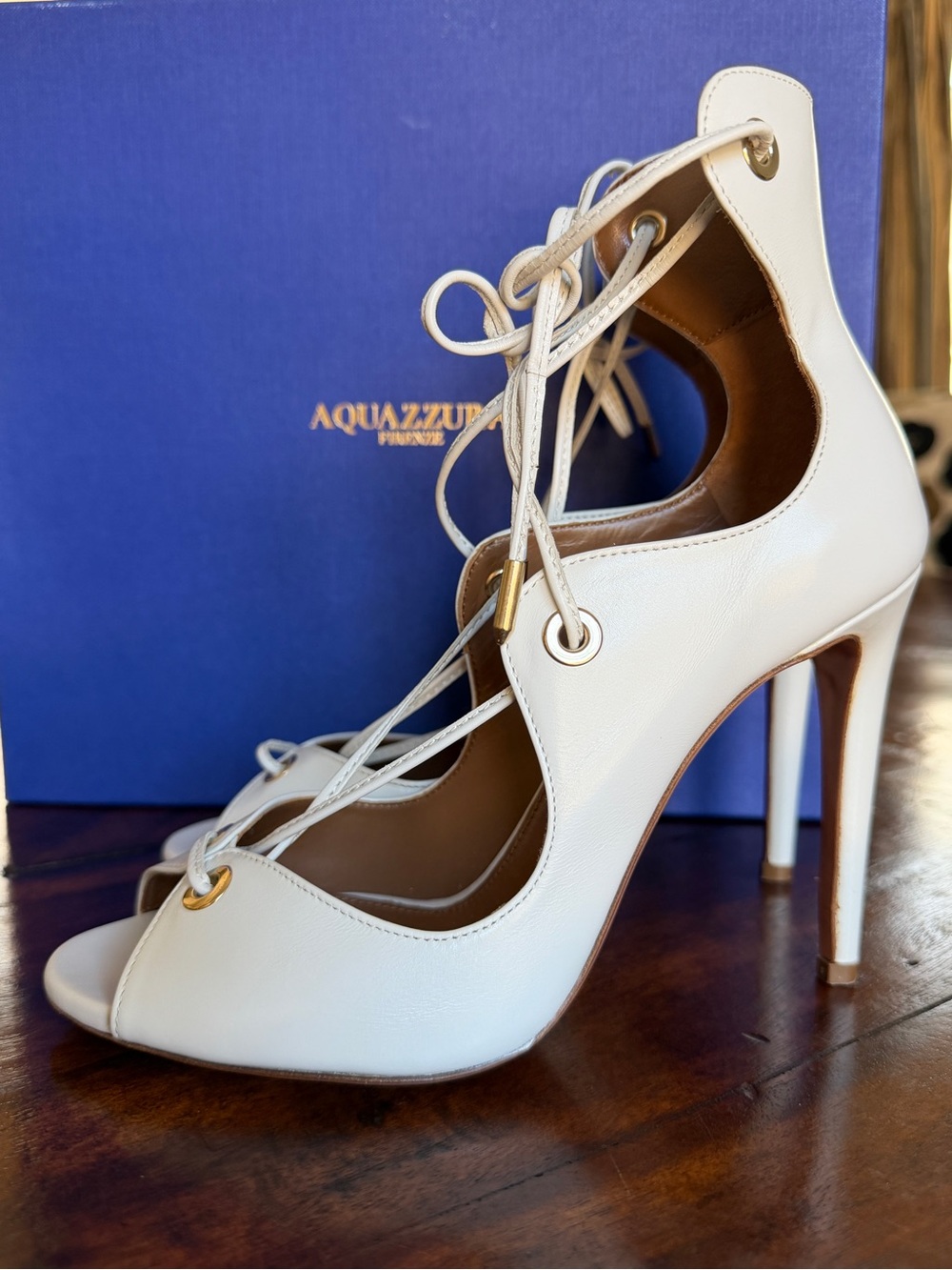 Aquazzura White Lace-Up Peep Toe Stiletto Sandals